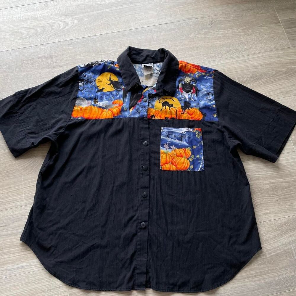 Vintage Unisex 1X Halloween Button Up Bowling Shirt Top Retro Spooky Rare Witch